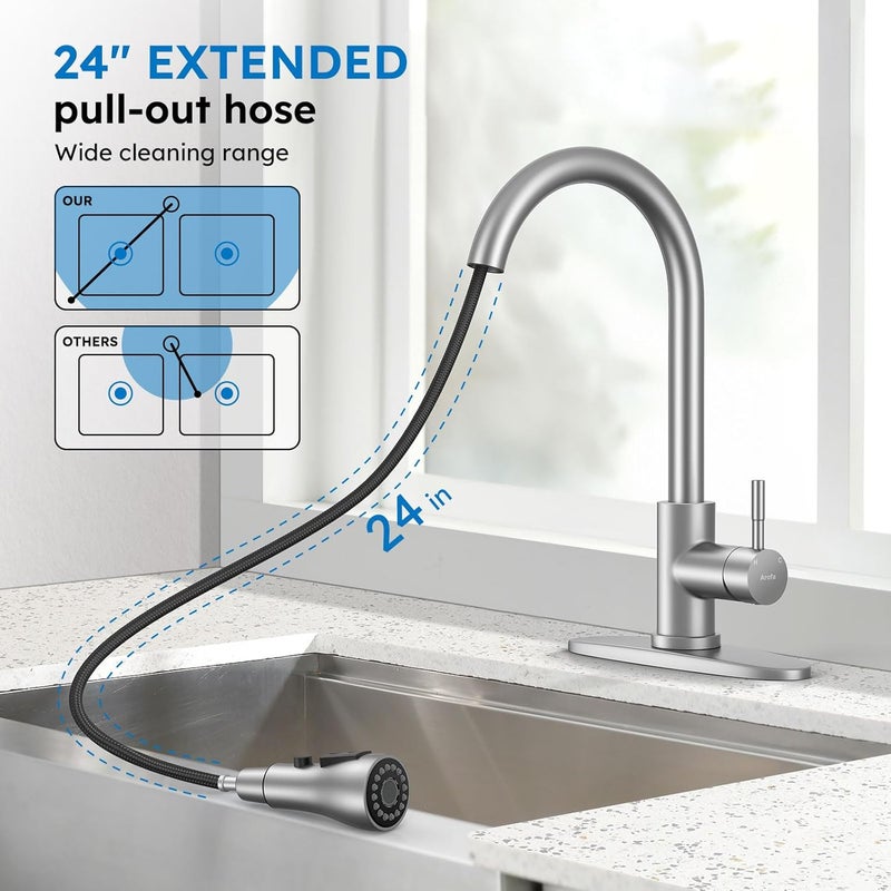 Arofa Kitchen Faucet with Pull Down Sprayer, Brushed Nickel Kitchen Sink Faucet Single Handle Stainless Steel for 1 or 3 Hole Farmhouse Laundry Utility Rv Bar Sinks - Image 3